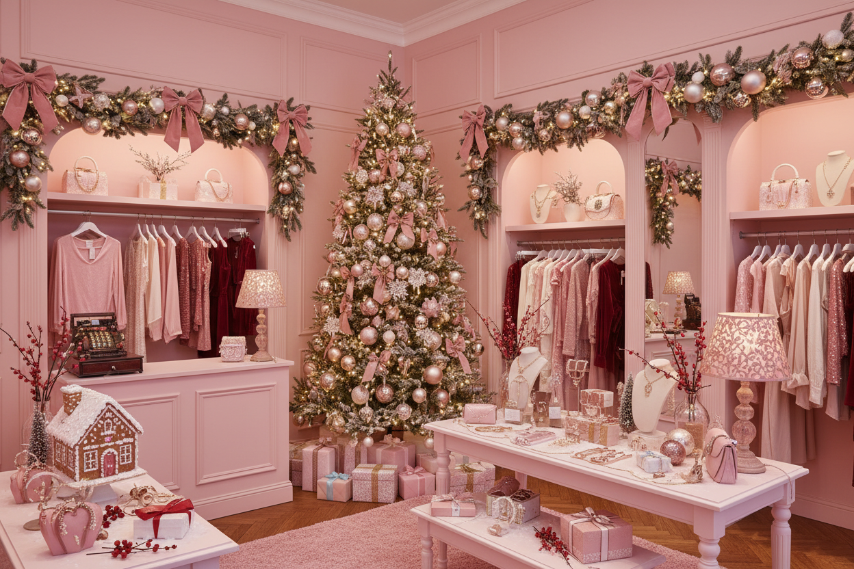 a pretty pink boutique that is decorated for christmas 